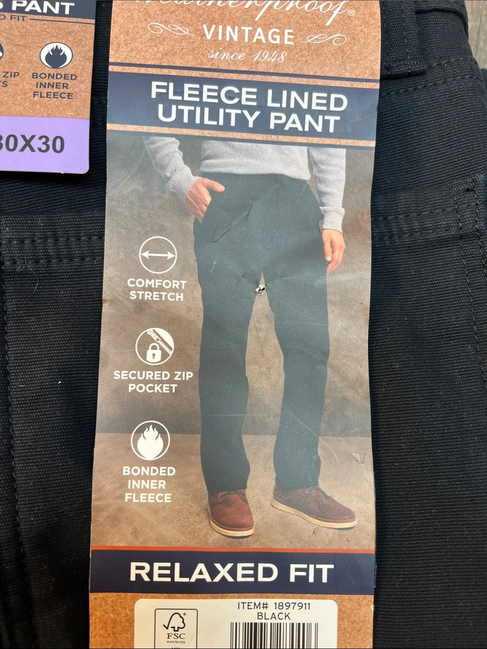 Weatherproof Men's Black Cargo Fleece Lined Utility Pants/Zip Pocket Size 30